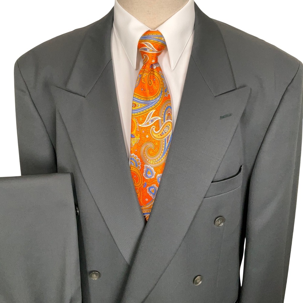 Diamonds Mens Suit Mens 48T Green Double Breasted 80s Corporatewear Dapper Wool